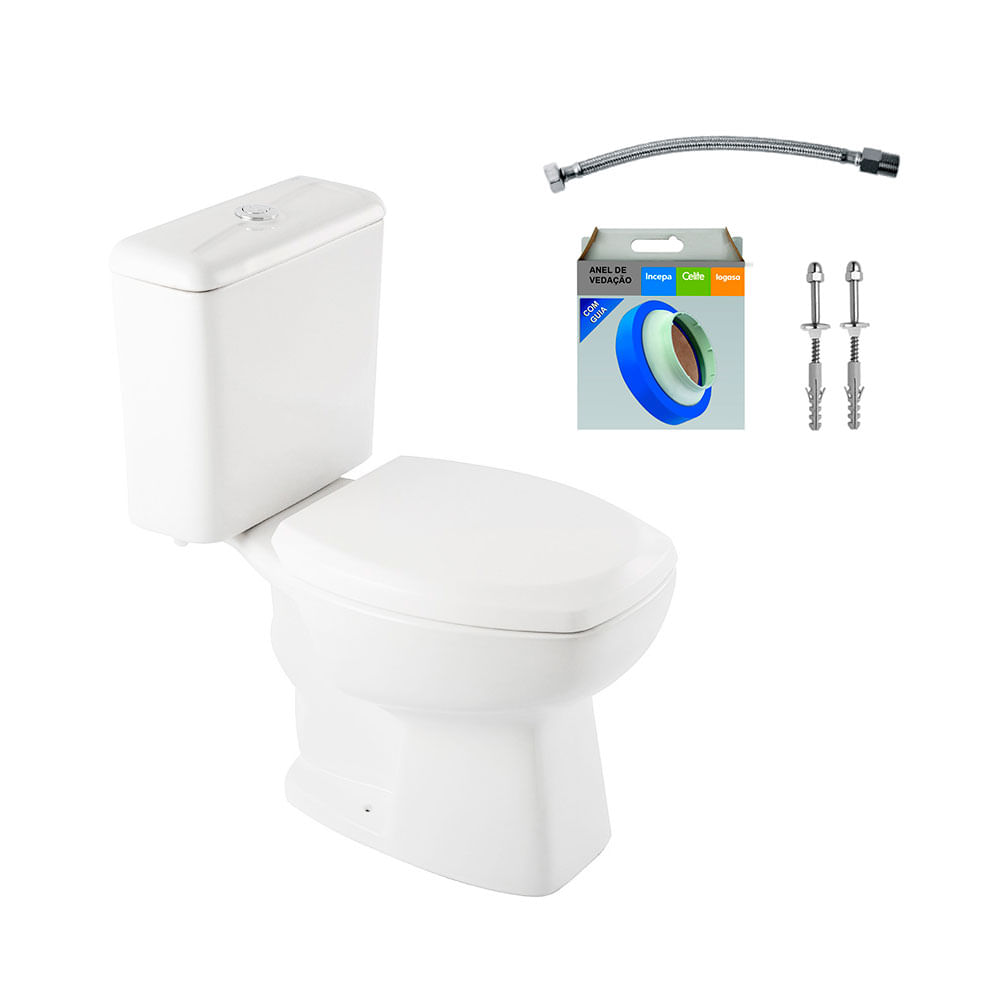 Kit Bacia com Caixa Acoplada e Assento Thema Branco + Conjunto de Fixação Flexível e Anel de Vedação - Incepa