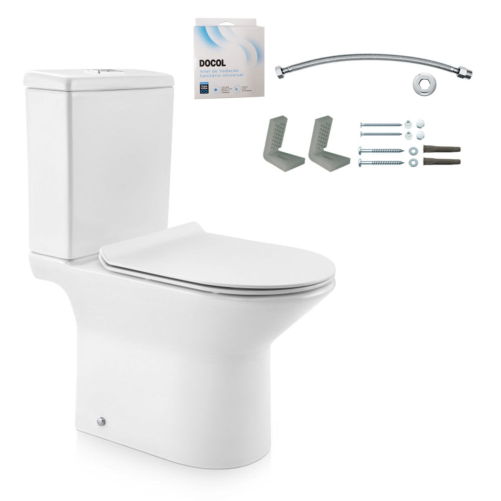 Kit Bacia com Caixa Acoplada e Assento Lift Branco + Conjunto de Fixação Flexível e Anel de Vedação - 968766 - Docol