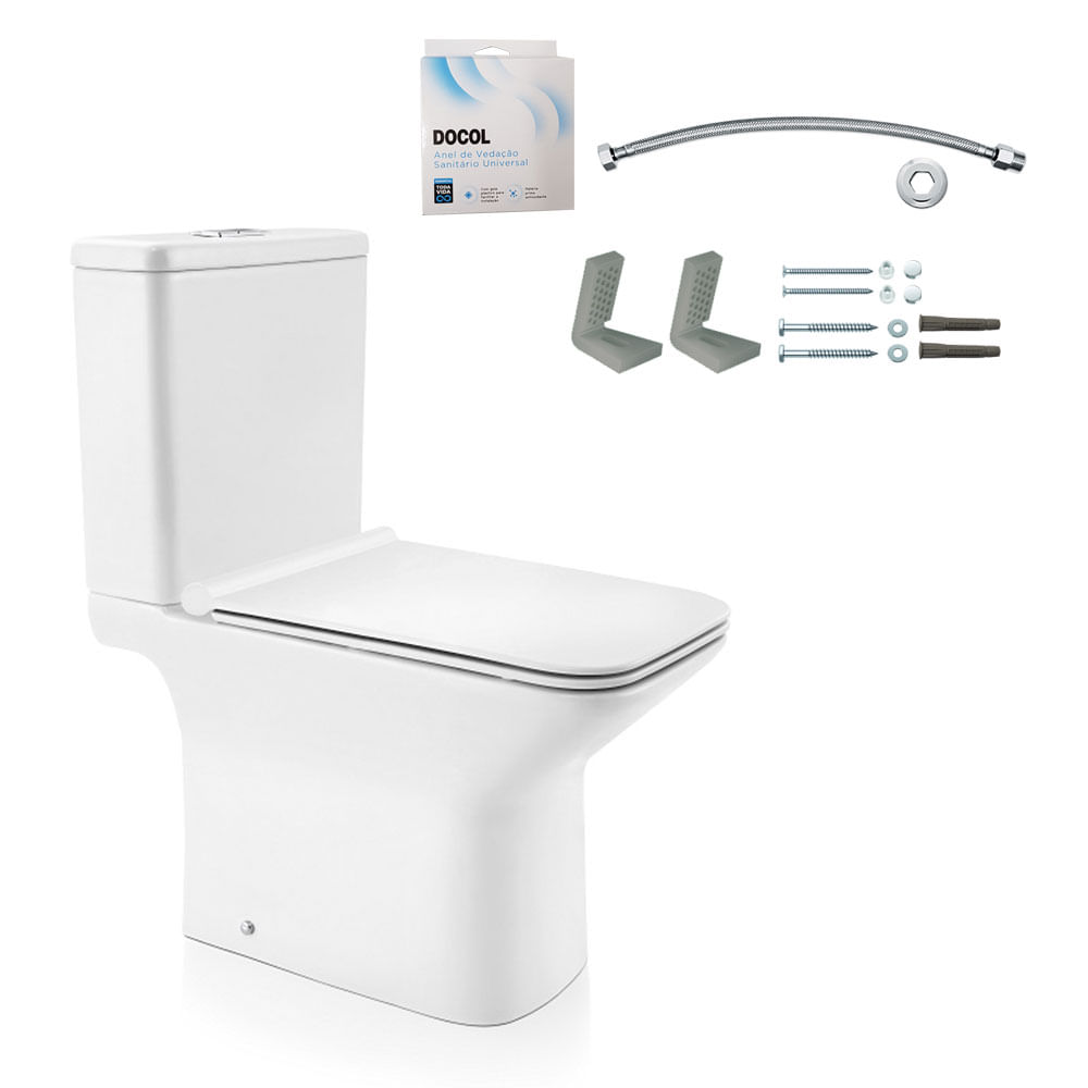 Kit Bacia com Caixa Acoplada e Assento Stillo Branco + Conjunto de Fixação Flexível e Anel de Vedação - 969866 - Docol