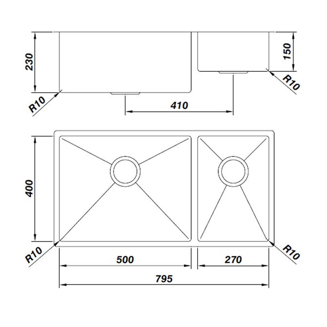 Cuba para Cozinha Retângular Dupla Linha Reta Inox 79,5x40x23 e