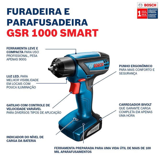 Parafusadeira Bateria GSR 1000 Smart 12V 06019F40E3000 Bosch